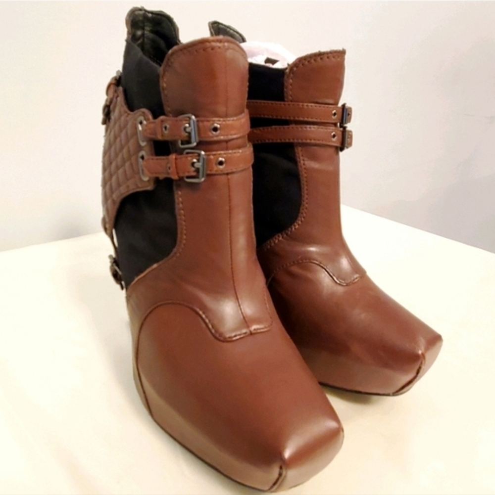 Sam Edelman Brown & Black Buckle Harness Zoe Leather Suede Wedge Ankle Boots sz9 - Picture 13 of 15
